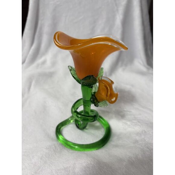 Handcrafted Orange & Green Art Glass Lily Flower Figurine Candle Holder - Picture 4 of 11